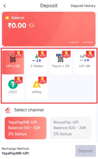 Select the deposit payment method
